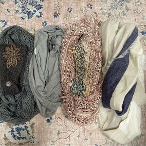Lot of 4 Cozy‎ Scarves Infinity Loop Knit Shimmer Plaid Fringe
